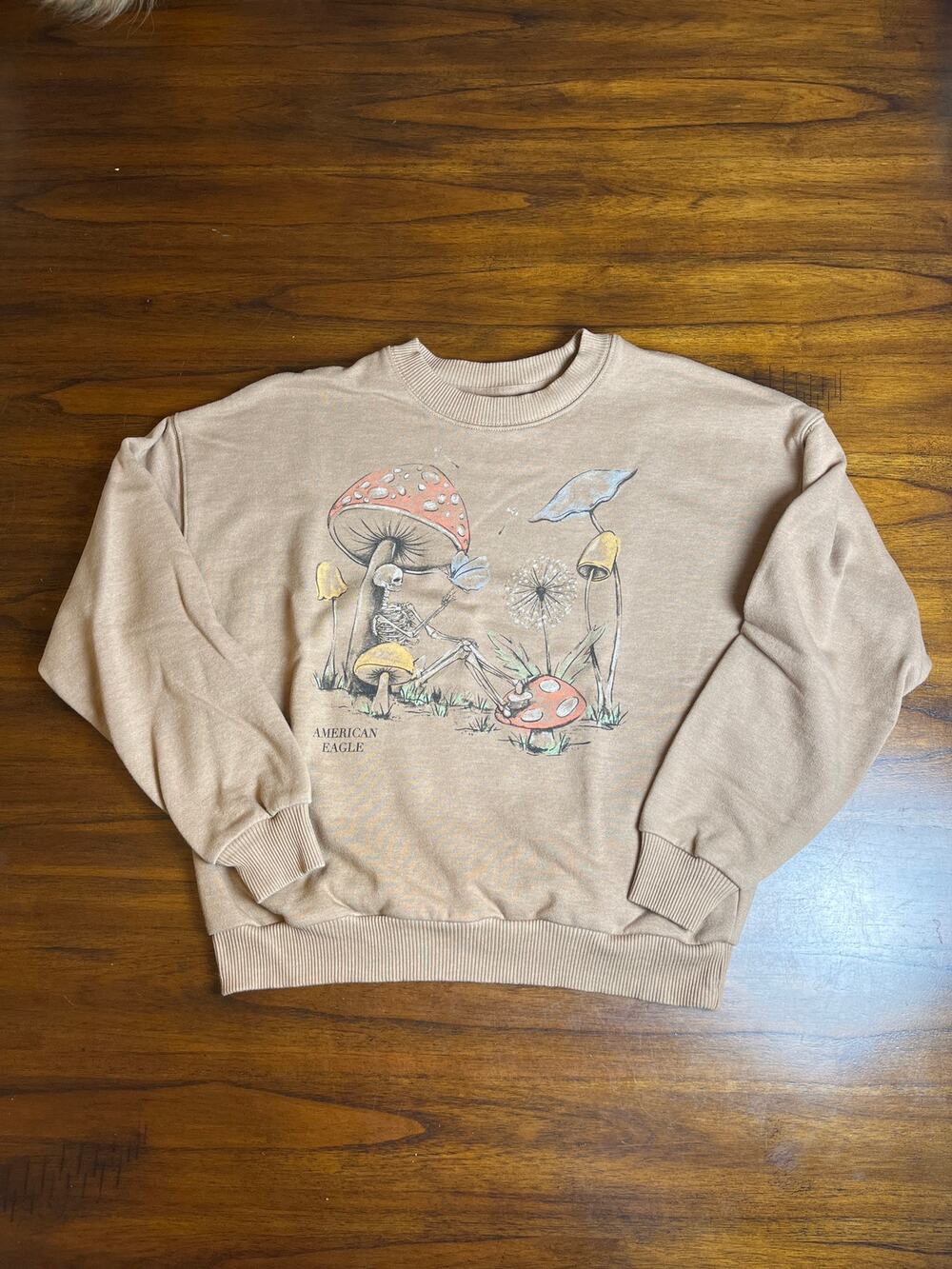 American Eagle Womens Brown Crewneck Sz Small Skeleton Mushroom Fairy Goblin